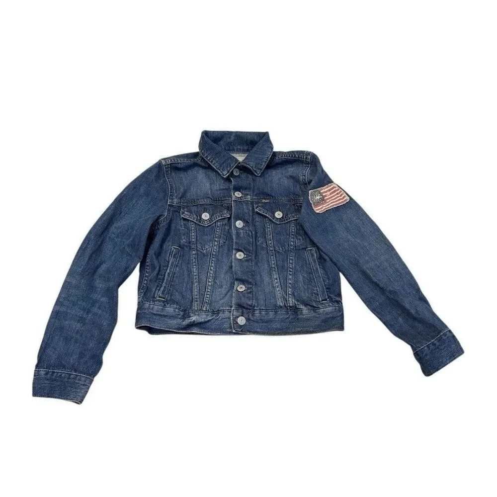Ralph Lauren Jean Jacket M American Flag Girls Size 10-12 Medium Denim Dark Wash